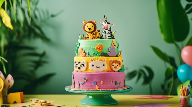 Colorful birthday cake customized with a cartoon animal theme featuring vibrant icing cute animal faces on each layer and a jungle backdrop perfect for a child's celebration