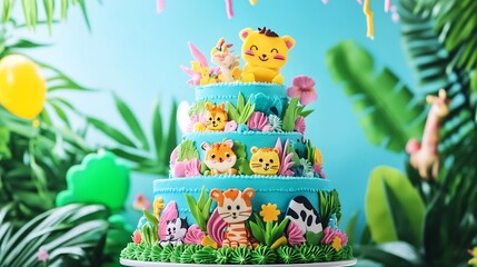 Colorful birthday cake customized with a cartoon animal theme featuring vibrant icing cute animal faces on each layer and a jungle backdrop perfect for a child's celebration
