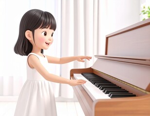 光差し込む室内でピアノを弾く白いドレスの女の子のイラスト