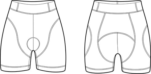 Cycling shorts technical flat sketch, front and back view, vector cad drawing, sportwear fashion illustration, activewear template design