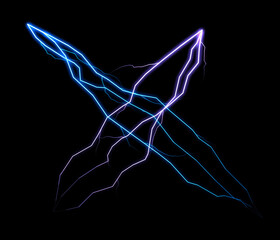 An electric display of blue and purple lightning bolts forming an X shape against a stark black backdrop.  Visualizing abstract power and dynamic energy.