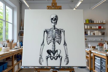 Detailed anatomical sketch of a human skeleton showcased in a science classroom or laboratory setting. 