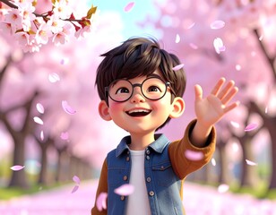 満開の桜並木で花びらに手を伸ばす男の子の3Dイラスト