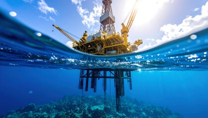 An offshore oil rig, partially submerged, sits above a vibrant ocean floor
