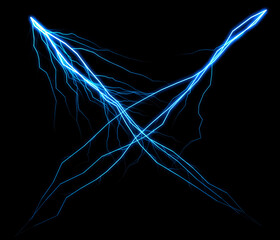 Two blue lightning bolts intersect against a stark black backdrop forming an 'X' shape. The image visualizes electric energy in a dynamic and powerful display.