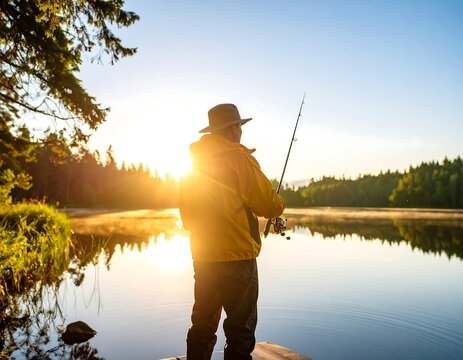 Man fishing at sunrise on a serene lake - Powered by Adobe