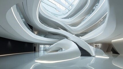 Modern interior, curved white structure with stairs, bright open space, futuristic design