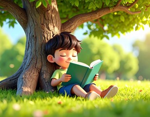 木陰で本を読みながらうたた寝する男の子のイラスト