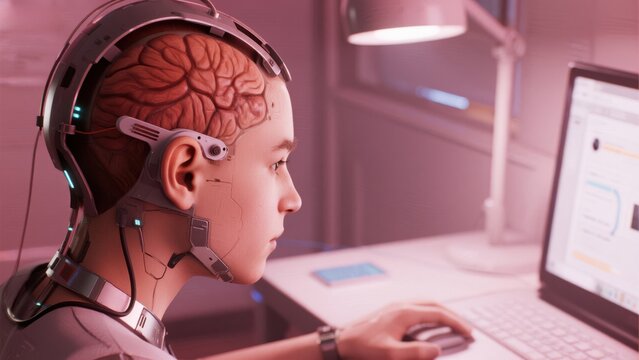 person wearing a Brain-Computer Interface (BCI) working - Powered by Adobe