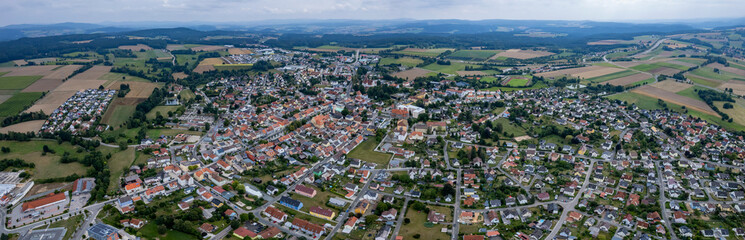 Aerial view around the city Vohenstraus in Germany on a sunny day in spring.