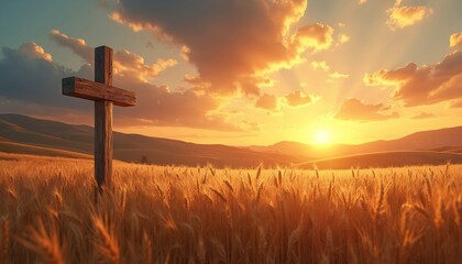 Wooden cross stands in golden wheat field under vibrant sunset. Rolling hills and dramatic clouds form background. Warm colors and sun rays create peaceful, contemplative atmosphere. Serene landscape.
