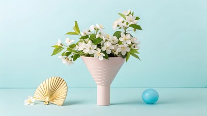 Delicate white spring blossoms in a pink vase with a blue egg and fan on a light blue background