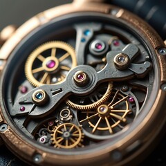 Detailed close-up of luxury watch mechanism. Intricate gold gears, metal components, tiny ruby jewels in clockwork. Precision engineering, automatic movement, fine craftsmanship for timekeeping.