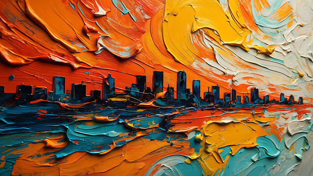 Vibrant city skyline against a textured abstract sky cityscape oil paint