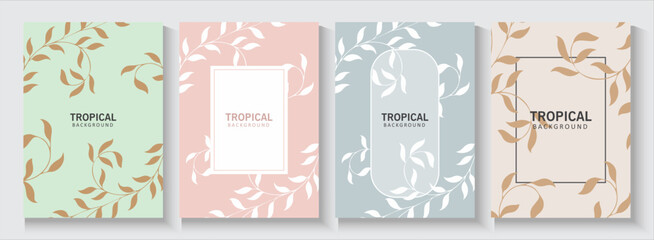 Set of Floral Сards template with leaves pattern flowers in pastel colors. tropical background for wedding invitation, save the date, social media, greeting card, cover, poster, advertising with frame