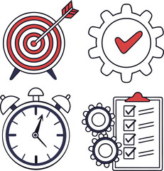 Fototapeta premium Four business concept icons target clock gear and checklist dart arrow