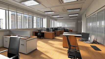 Modern office interior with desks, computers, chairs, and large windows showcasing the cityscape outside. Bright, organized space