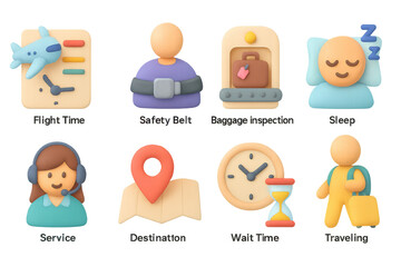 3d cartoon style flight and travel icons for modern user interface des