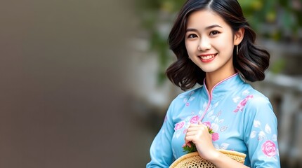 Young Woman in Sky Blue Ao Dai with Floral Patterns