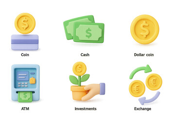 3d finance icons: coin, cash, investments, atm, exchange symbols