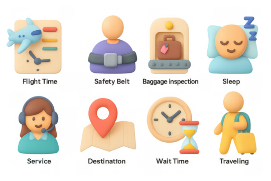 3d cartoon style flight and travel icons for modern user interface des