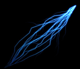 A vibrant blue lightning bolt streaks diagonally across a stark black background, emanating energy and power with its electric discharge.  The sharp, jagged lines create a dynamic and dramatic visual 