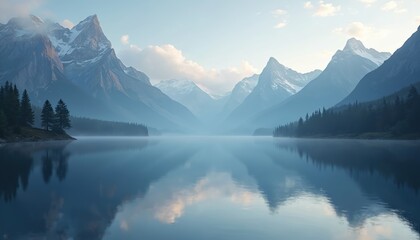 Fototapeta premium Serene mountain lake mirroring majestic peaks, sky, and clouds. Calm water reflects lush pine forests lining the shore. Tranquil blue landscape inspires peaceful outdoor adventures and travel.