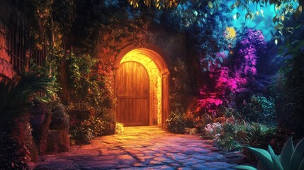 Fototapeta premium Enchanted entrance through a stone archway surrounded by vivid floral display