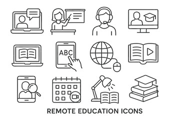 Remote education icon set: online learning and e-learning symbols for educational platforms