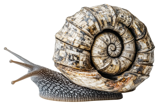 Snail with shell resembling spiral staircase showcases unique architectural fusion, blending nature and design. intricate patterns create captivating visual., isolated