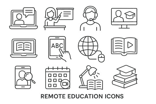 Remote education icon set: online learning and e-learning symbols for educational platforms