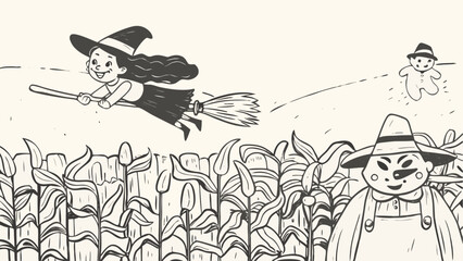 Obraz premium A witch flying on a broomstick over a cornfield with a scarecrow and a gingerbread man in the background