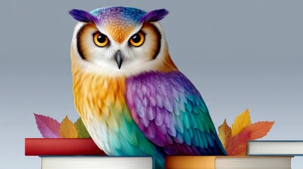 Obraz premium Colorful owl is perched on top of a stack of books. The owl's vibrant colors and the books' presence create a sense of curiosity and wonder. The scene could be interpreted as a symbol of knowledge