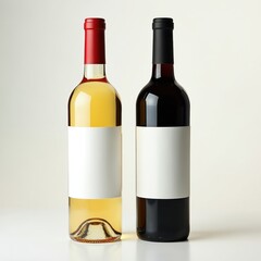 Pair of red, white wine bottles with blank labels against clean, light background. One bottle contains golden white wine, other dark red wine, both with customizable white labels ready for branding.