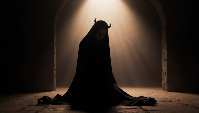 Mysterious Horned Figure in Dark, Dramatic Setting with Light Rays