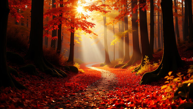 Sunlit autumn forest path covered in red leaves image