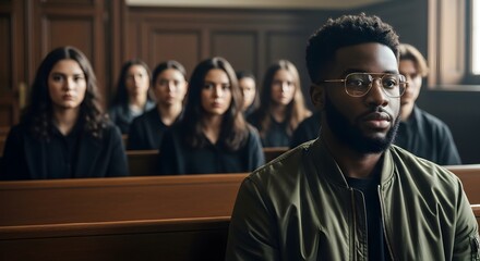 Obraz premium Courtroom Drama Focused African American Man in Olive Jacket with Jury of Young Women Observing Proceedings, Witnessing Justice Illustration