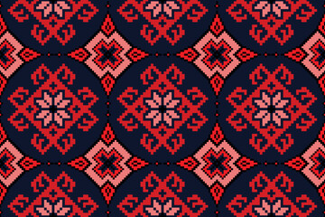 Bold Traditional Geometric Pattern with Interlocking Circles and Stylized Floral and Cross Motifs in Blue and Orange