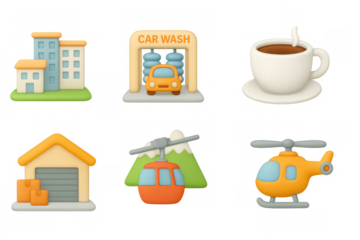 3d cartoon style icons of urban elements including buildings, vehicles