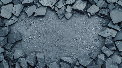 Broken asphalt pieces scattered around an empty cracked road surface, creating a rough and rugged texture.