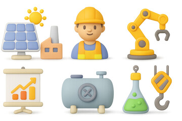 Fototapeta premium Industrial and renewable energy icons in 3d cartoon style