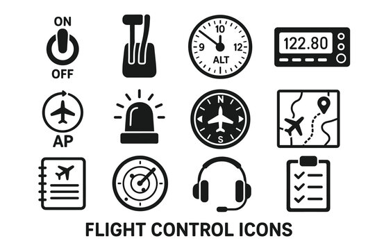 Flight control icons set featuring airplane, navigation, and communication symbols