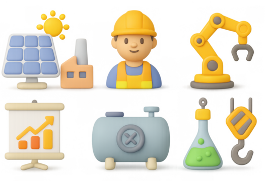 Industrial and renewable energy icons in 3d cartoon style