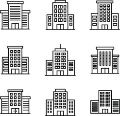 Modern Building Line Icons Set - Office, Apartment & City Architecture Symbols