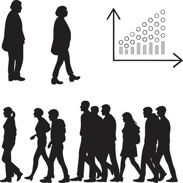 Black silhouettes of people walking and a bar graph with circles group crowd
