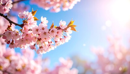 Delicate pink cherry blossoms against a bright blue sky
