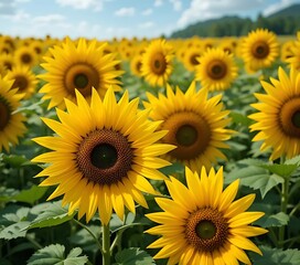 Fototapeta premium Vibrant Sunflowers in Blooming Field with Green Leaves and Blue Sky