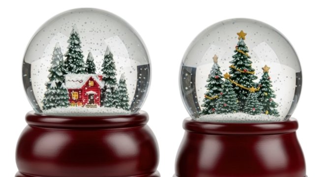 Two festive christmas snow globes with winter scenes and decorated trees isolated on transparent background - Powered by Adobe