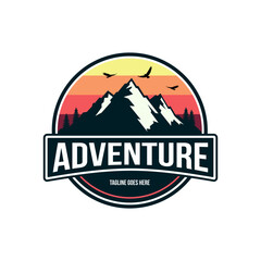 adventure logo with mountains and sunset