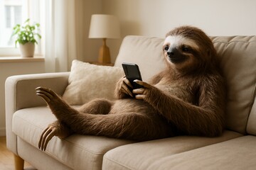 Sloth Relaxing on Sofa While Using Smartphone at Home